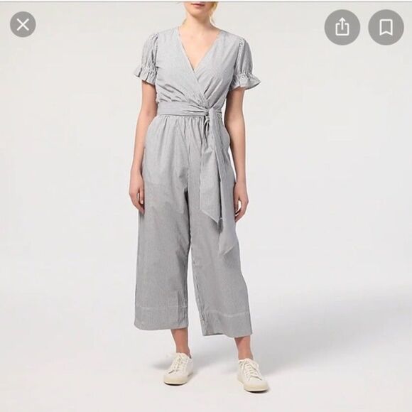 🆕J Crew Ruffle Blue / White Striped Stretch Cotton Poplin Jumpsuit Size 6 - Picture 1 of 9